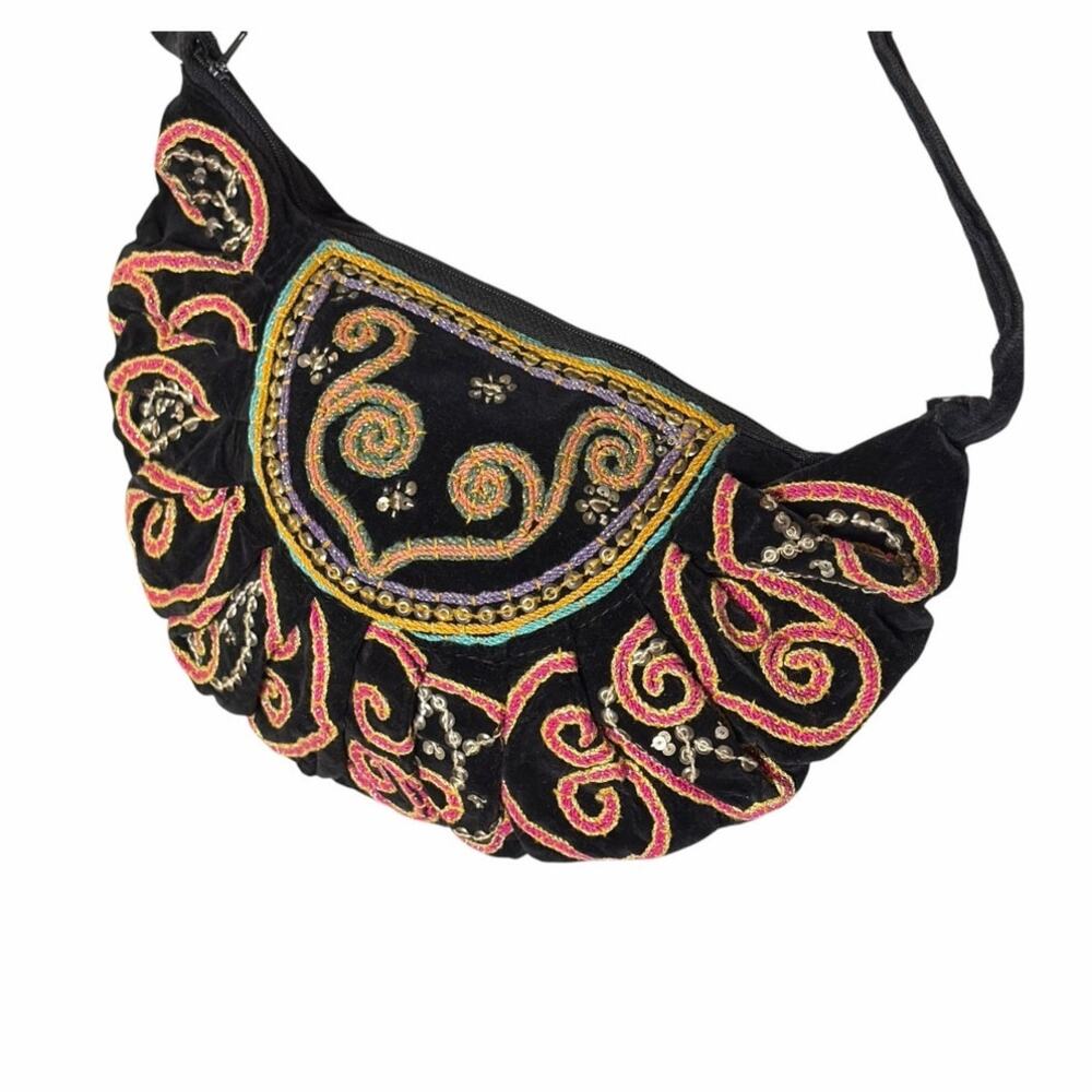 Vintage Thai Hand-Embroidered Velvet Crescent Bag